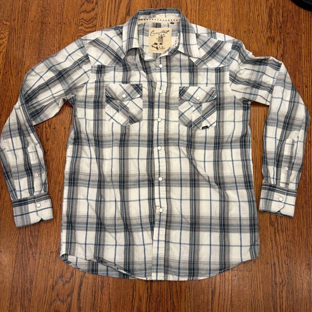 Men's Western Pearl‎ Snap Shirt - Blue Grey Plaid Cowboy Button Shirt Medium